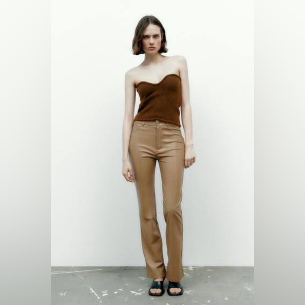 Zara Straight Leg High Rise Faux Leather Pants in Tan Size Extra Small